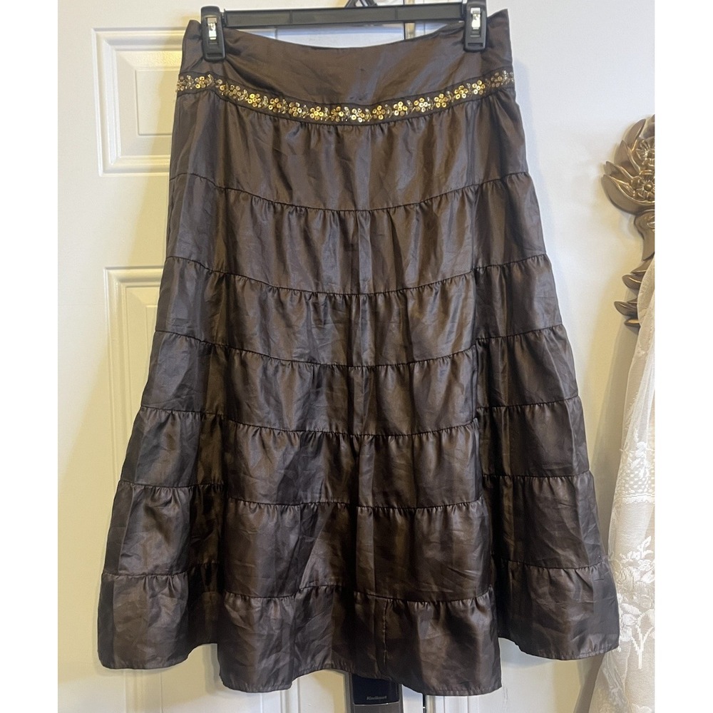 Vintage Y2K Star City Brown Tiered Midi Skirt Sz 9 Gold Sequin Boho Whimsigoth